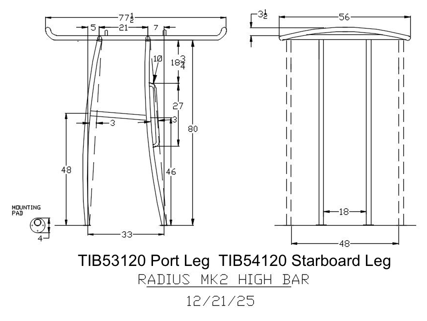 Radius® T-Top wide leg dimensional drawing