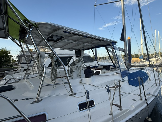 Hunter 45 center-cockpit sailing hardtop viewed from port side