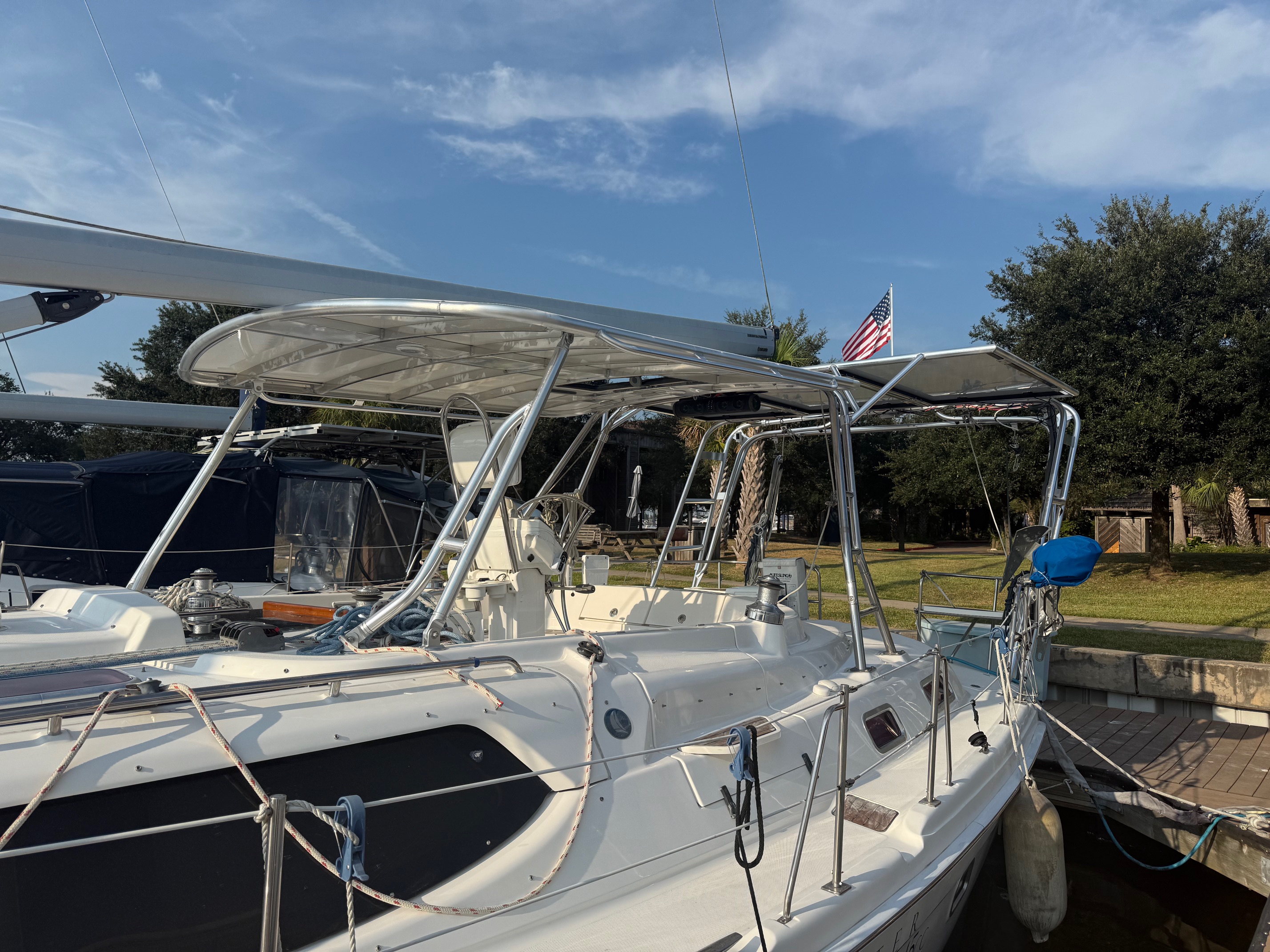 Hunter 45 center-cockpit sailing hardtop viewed from starboard side