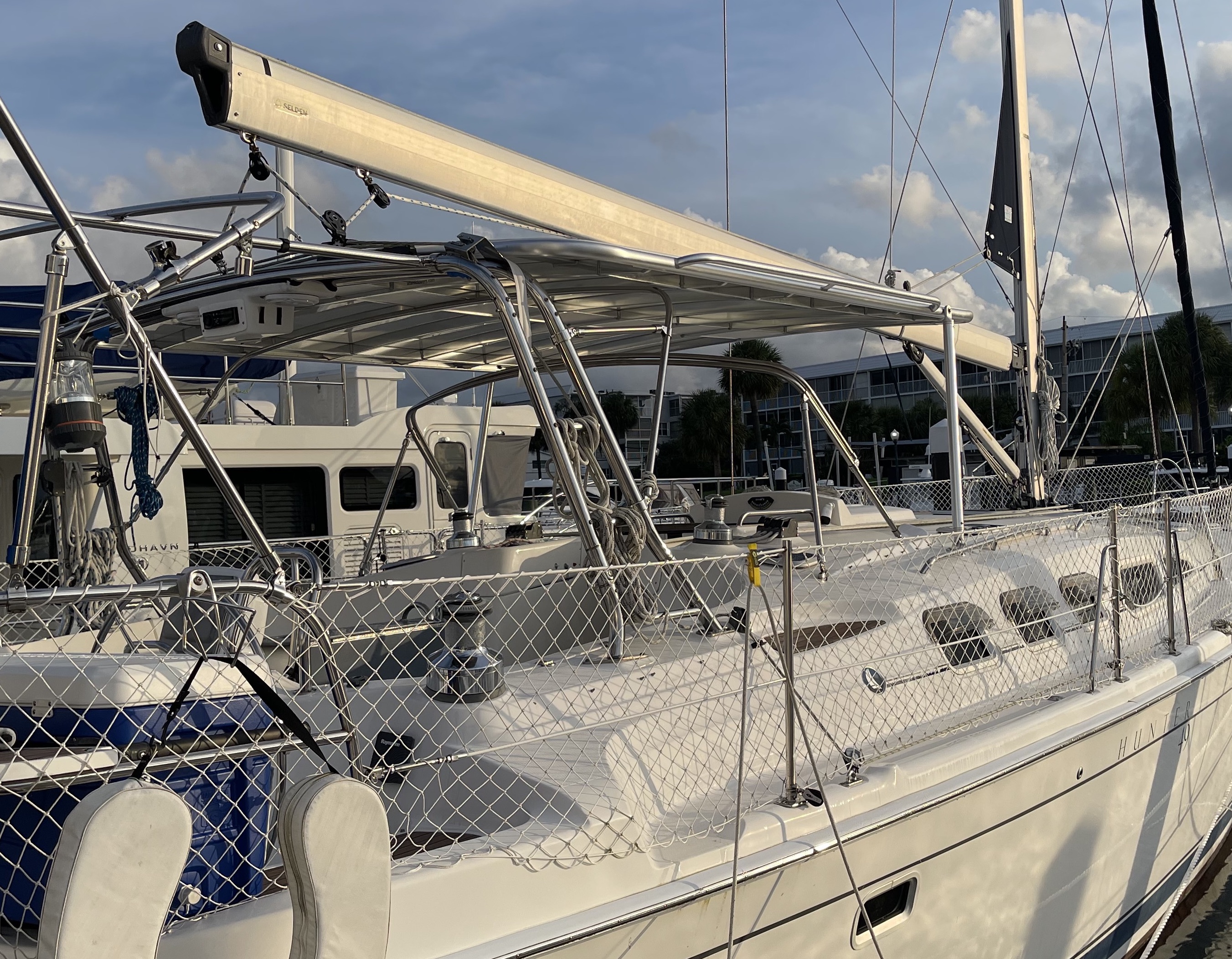 Hunter 49 center-cockpit sailing hardtop underway