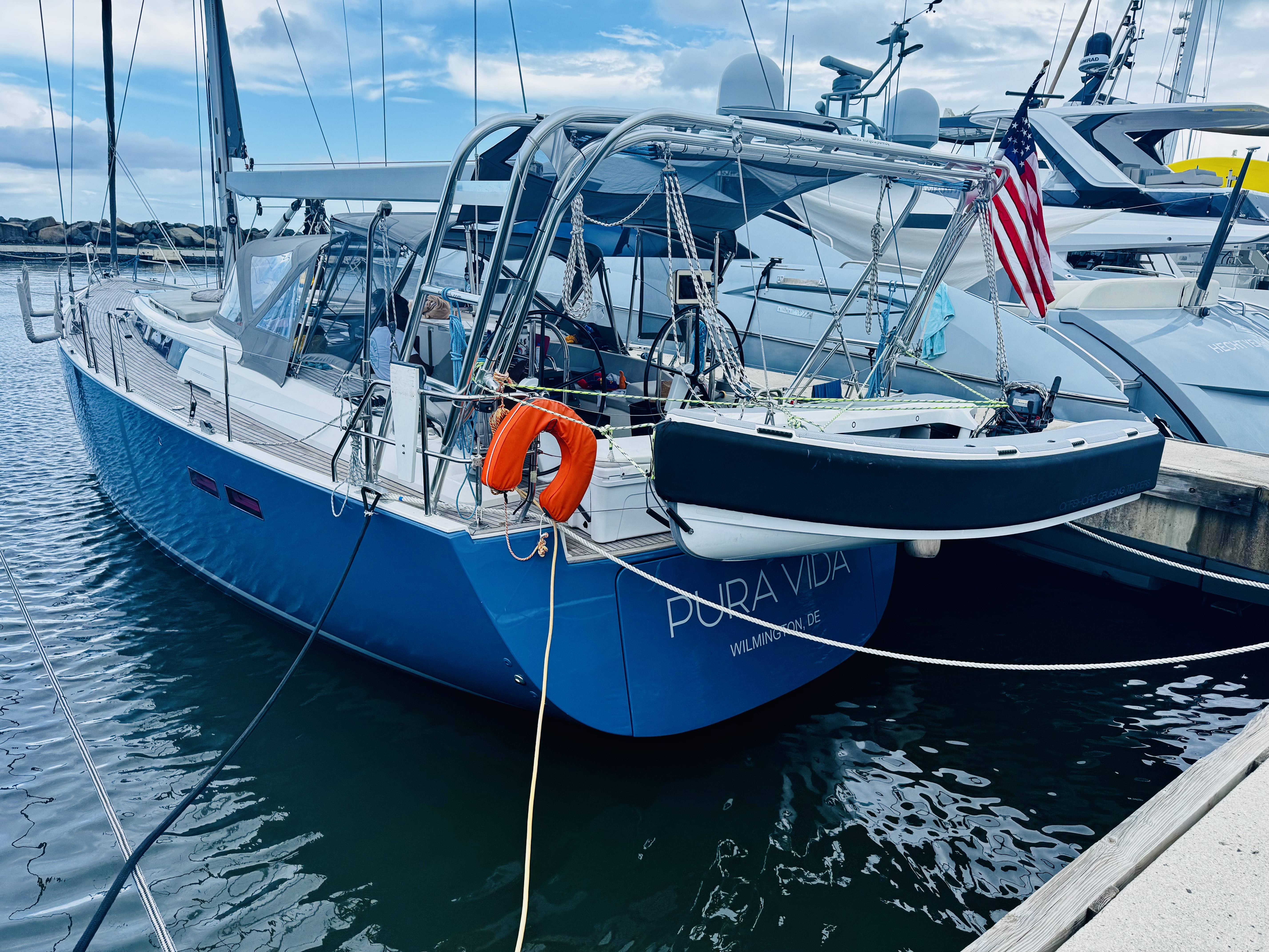 Hanse 545 Super Sail Arch carrying solar panels and tender equipment